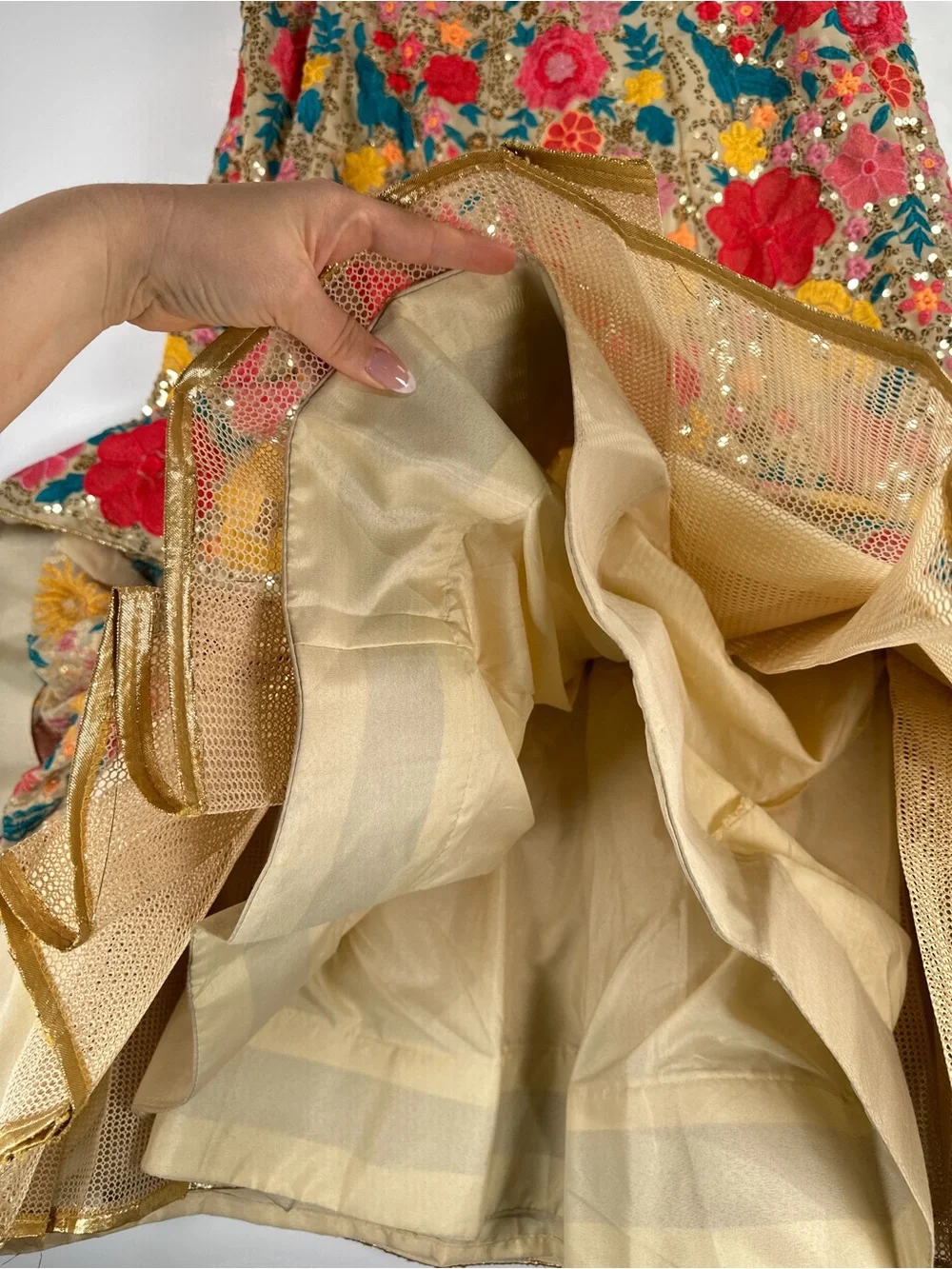 Lehenga Maxi Skirt Floral Embroidered Sequin Beige Multi Adjustable Tie Up Waist - Picture 7 of 13